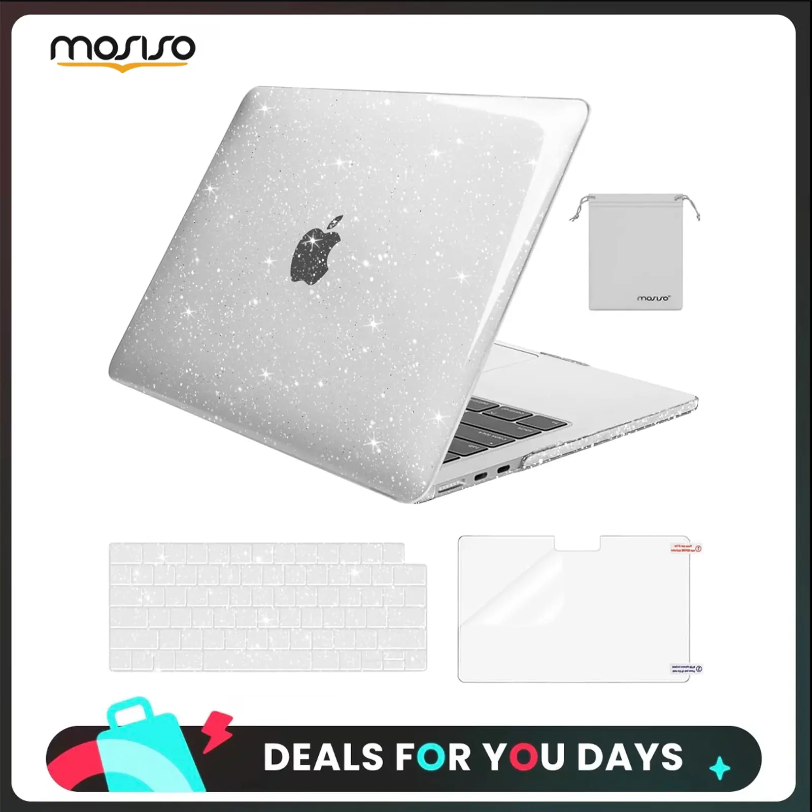 MOSISO Glitter Cover Compatible with MacBook Air 13 inch Case M5 2026 M4 2025 M3 M2 2024-2022 A3449 A3240 A3113 A2681, 4 in 1 Kit Bling Sparkly Hard Shell for MacBook Air 13.6 inch Case, School, Office, Screen Protector, Water Resistant
