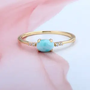 Natural Larimar and Zircon Gemstone Ring for Women, 925 Sterling Silver, Gold-Plated with Sea Pattern Blue Stone LAMOON