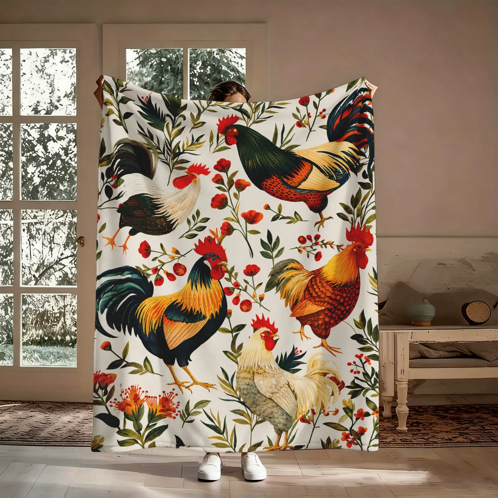 Watercolor Chicken Flannel Throw Blanket, Farmhouse Rooster Floral Pattern Soft Cozy Warm Nap Blanket for Couch Bedroom, Country Gift for Her Him, Christmas Birthday Holiday Present