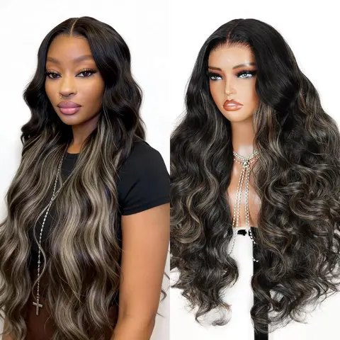 Teslal Hair Balayage Highlight Lace Front Wig Pre-Cut 6X6 T-Part Lace Wig Body Wave 220% Density Glueless Ready to Wear Blend Human Hair Wig for Black Women Premium Fiber Beginner Friendly