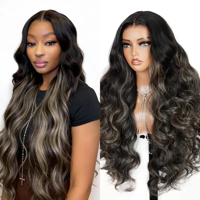 Teslal Hair Balayage Highlight Lace Front Wig Pre-Cut 6X6 T-Part Lace Wig Body Wave 220% Density Glueless Ready to Wear Blend Human Hair Wig for Black Women Premium Fiber Beginner Friendly