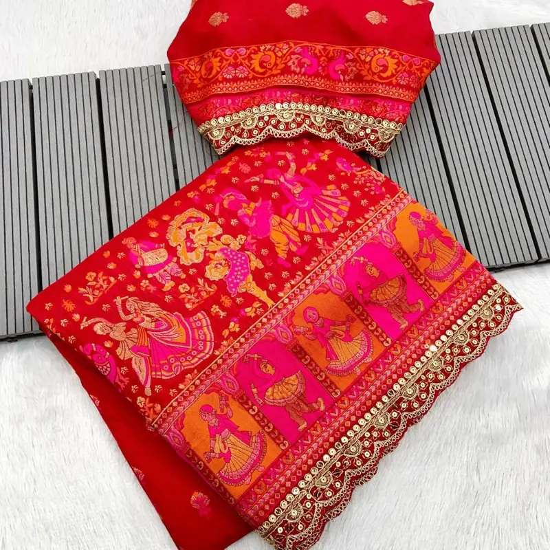 Women Saree Bridal Collection Wedding Karvachauth Collection Blouse Piece Kanchi Border Red & Pink Embroidered Design