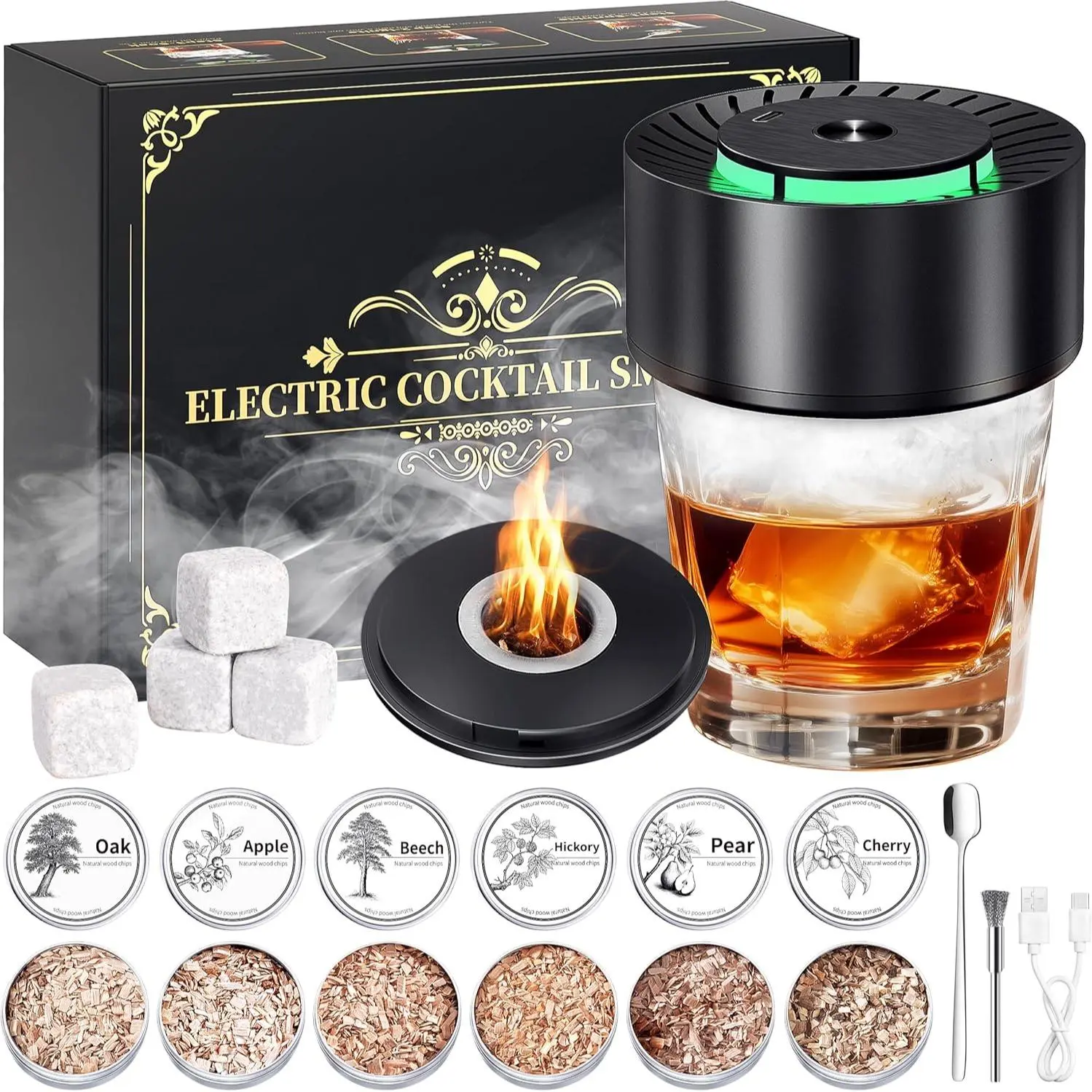 Electric Whiskey Smoker Kit - Rechargeable Cocktail Smoker with 6 Wood Chips, Flameless Heating System, LED Lights, Ideal for Father's Day, Valentine’s Day, Holidays, Housewarming Gifts for Men