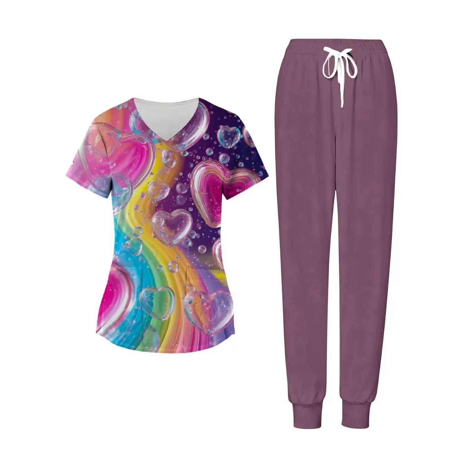 Plus Size Women's Purple Rainbow Heart Two-Piece Set - V-Neck Top and Pants, Perfect for Valentine's Day or Everyday Wear