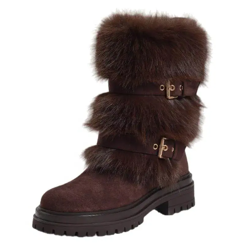 Women's Plain Faux Fur Lined Winter Ankle Booties - Round Toe, Low Cuban Heel, Side Zipper, Comfortable Casual Outdoor Walking Shoes for Women