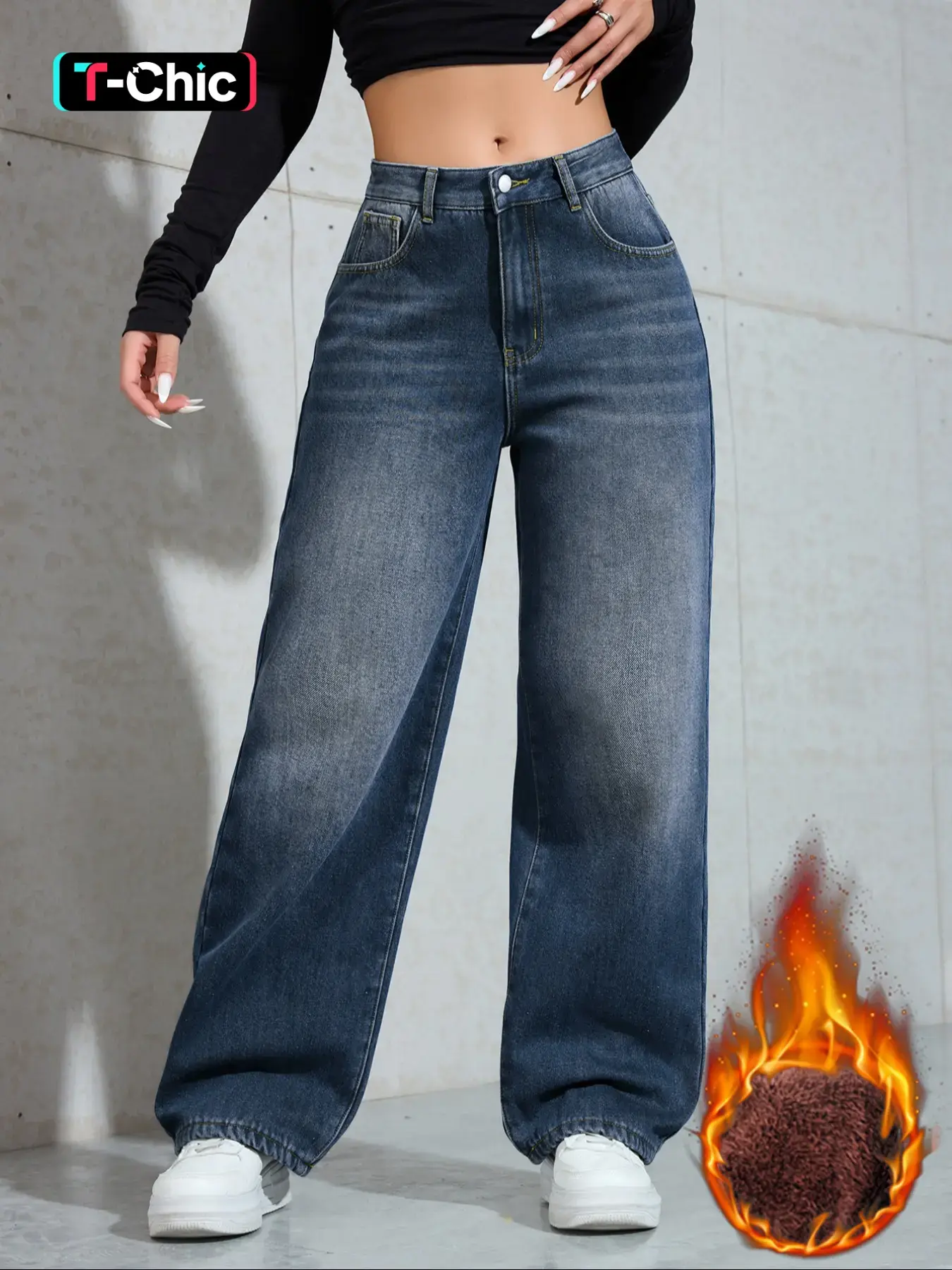 Women's Vintage Fleece Lined Thick Denim Jeans, Denim Clothing, Fall & Winter Fashion Chic Aesthetic Streetwear Wide Leg Straight Fit Pants, Elegant Minimalist Plain Woven Fabric, Womenswear, Basic