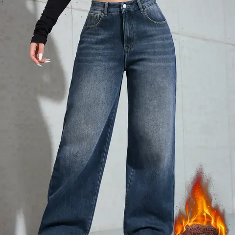 Women's Vintage Fleece Lined Thick Denim Jeans, Denim Clothing, Fall & Winter Fashion Chic Aesthetic Streetwear Wide Leg Straight Fit Pants, Elegant Minimalist Plain Woven Fabric, Womenswear, Basic