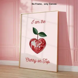 Cherry Pattern Unframed Canvas Painting, 1 Count Creative Cherry Heart Shaped Canvas Wall Art, Wall Decor for Home Living Room Bedroom, Ornaments, Home Decor Accessory