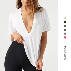 Danedvi Womens Sexy Deep V Neck T Shirt Short Sleeve Tops Basic Tees Casual Loose Shirts Summer Piece Chic Fit Everyday Wear