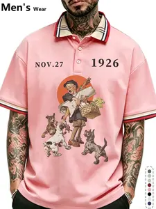 American Cartoon Vintage Slogan Polo Shirt, Breathable Daily Casual Wear, Preppy Style, Loose-Fitting, Random Print