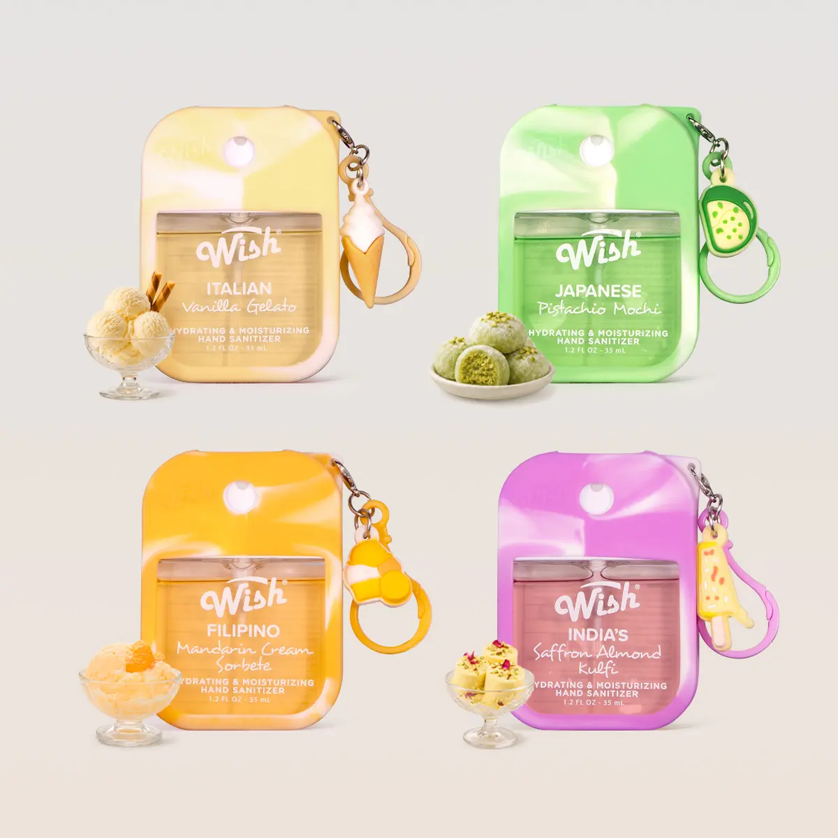 【NEW】Global Gelato Ice Cream Hydrating Hand Sanitizer Spray - Pistachio Vanilla Sweet Scent, Cute Portable Travel Size with Keychain Charm, School Essential (1.2 fl oz*4)