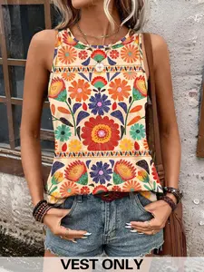 Women's Boho Vintage Floral Print Round Neck Tank Top, Boho Chic Casual Floral Sleeveless Top for Summer, Ladies Clothes for Daily Wear, Bohemian Womenswear, Tanktop