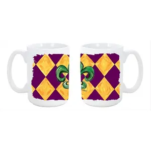 212 MAIN Mardi Gras Fleur de Lis Purple, Green and Gold Ceramic Coffee Cup - 15oz Large Reusable Mug, Dishwasher-Safe, Microwave-Safe Kitchen Drinkware for Hot Beverages