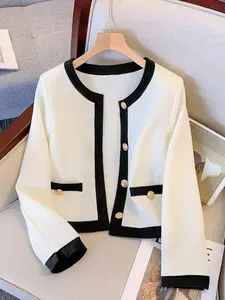 Small Charming Style Casual Contrast Color Blocking Round Neck Short Jacket Coats, Spring Autumn Luxury Commuter Single Button Open Front Cardigan Outerwear