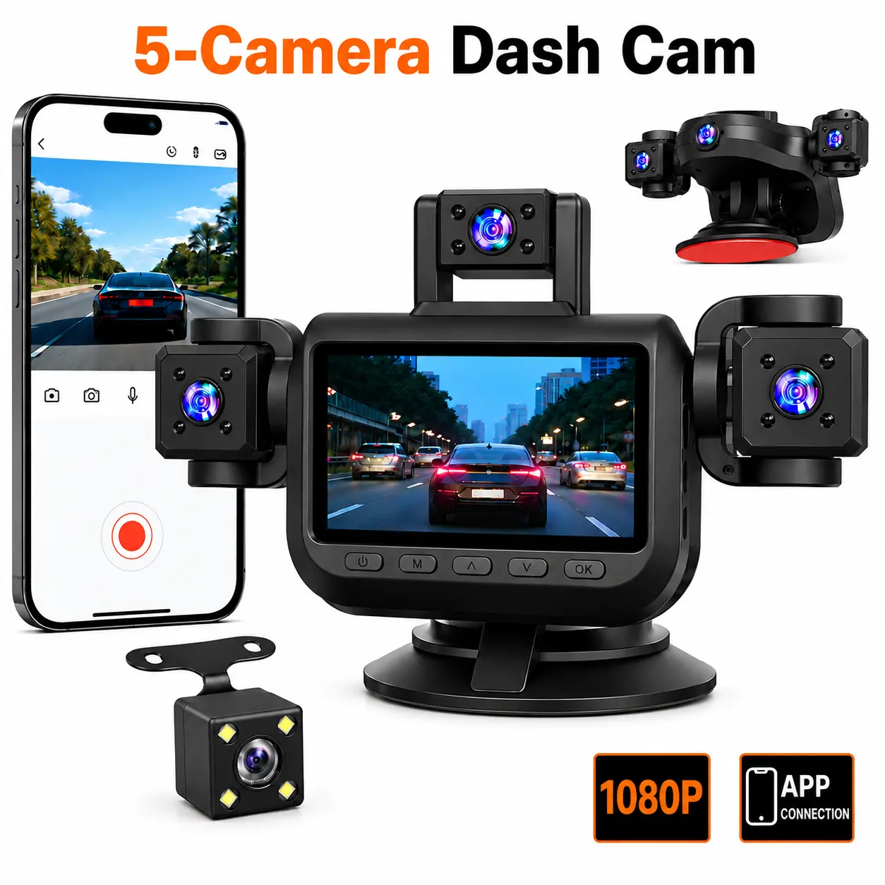 5-Camera Dash Cam, FHD 1080P Recording，Loop Recording, Collision Detection, Reversing Assist & App Connectivity,with 64GB TF Card,Ideal for Daily Commuters, Rideshare Drivers, Road Trips and Long-Distance Driving-YY