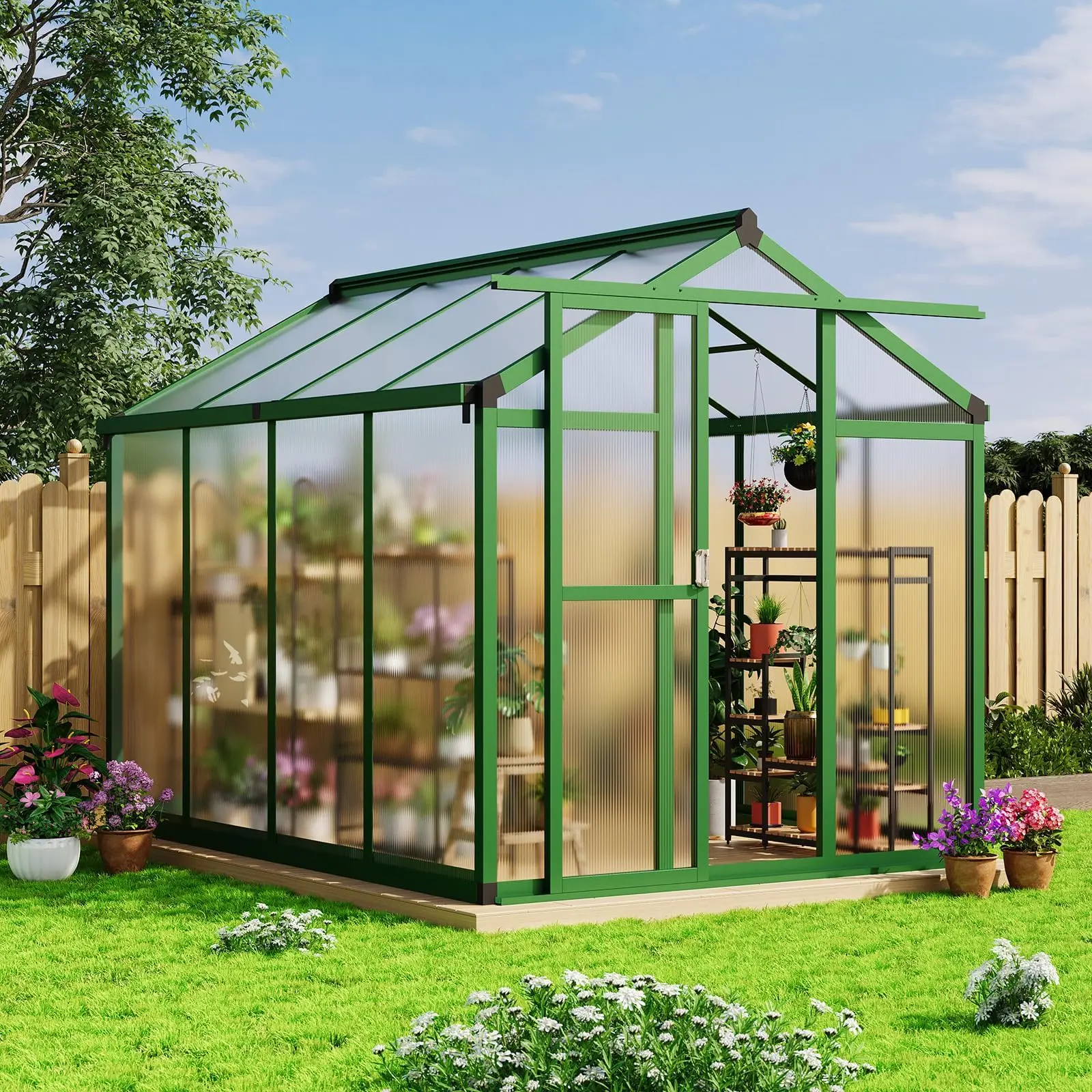 6x8 FT Outdoor Greenhouse - Aluminum Frame, Triangular Roof, Roof Vent, PC Panels, Ground Stakes, Snap Together Quick Setup for Backyard, Patio Winter Gardening - Green