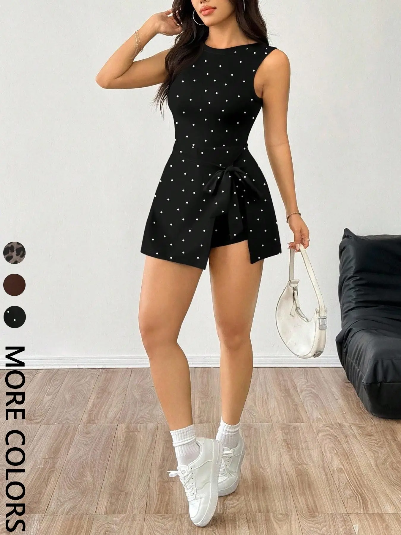 Women's Polka Dot Sleeveless Romper, Waist Cinch Tie, Asymmetrical Hem, Slim Fit, Casual Style, Unlined, Raised Fiber Surface, Womenswear