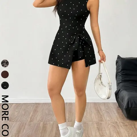 Women's Polka Dot Sleeveless Romper, Waist Cinch Tie, Asymmetrical Hem, Slim Fit, Casual Style, Unlined, Raised Fiber Surface, Self Tie Romper