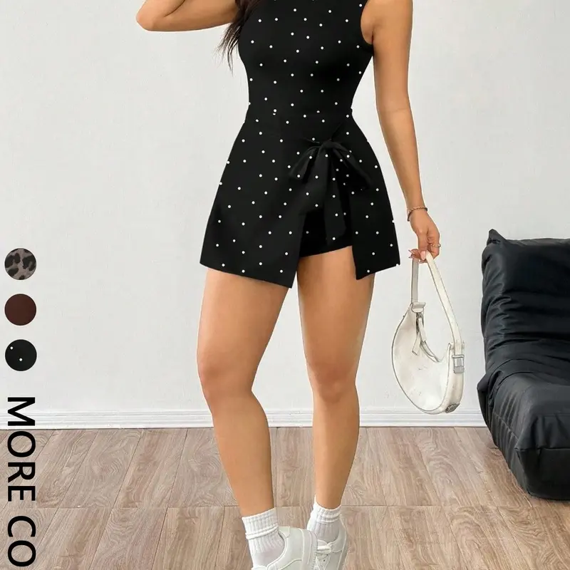 Women's Polka Dot Sleeveless Romper, Waist Cinch Tie, Asymmetrical Hem, Slim Fit, Casual Style, Unlined, Raised Fiber Surface, Self Tie Romper