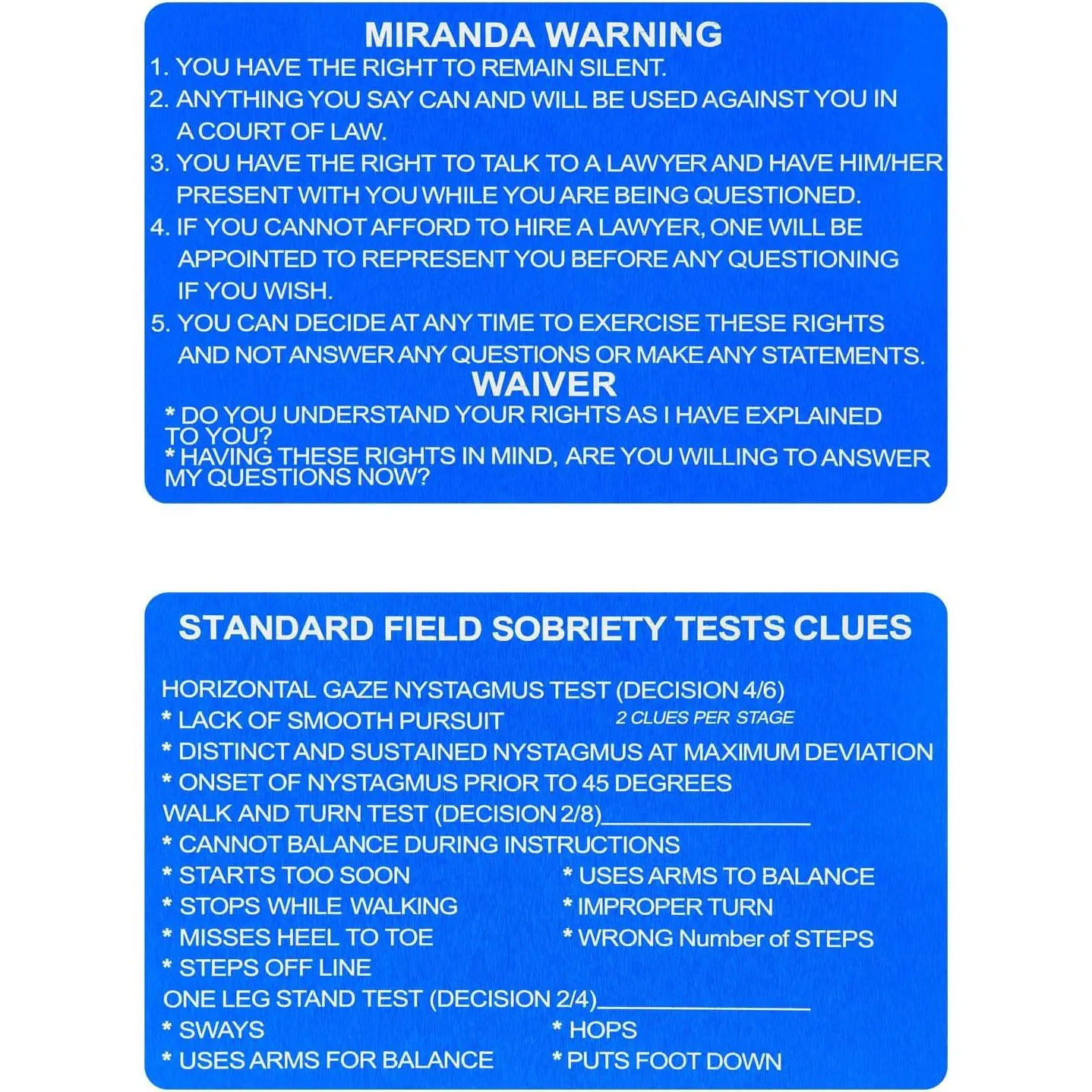 5 count Miranda  Card, Blue Miranda Rights Card Metal, Engraved SFST Card Standardized Field Sobriety Test Clues Card Metal for  Law Enforcement Officers (blue-5pcs)