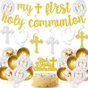 First Holy Communion Decorations for Boys and Girls – Gold Glitter Banner, Balloons, Cake Topper & Hanging Party Decor for My First Communion Celebration