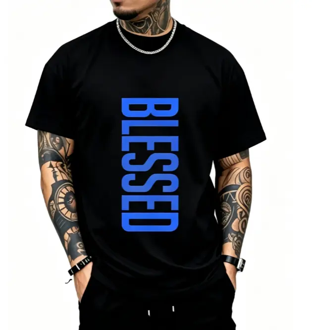 Vertical Bold Blue Blessed Minimal Simple Statement Graphic Short Sleeve T-Shirt, Unisex Faith Positive Vibe Casual Tops, 100% Pure Cotton Printed Craft Summervibes Tee, Soft Breathable Loose Fit daily outfits