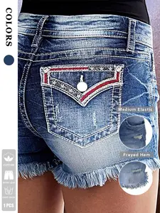 Women's Deep Blue Washed Fashion Ripped Cut Denim Shorts Fitted, Fringe Pierced Decoration, Elastic Comfort, Retro Style, Summer Party Wear