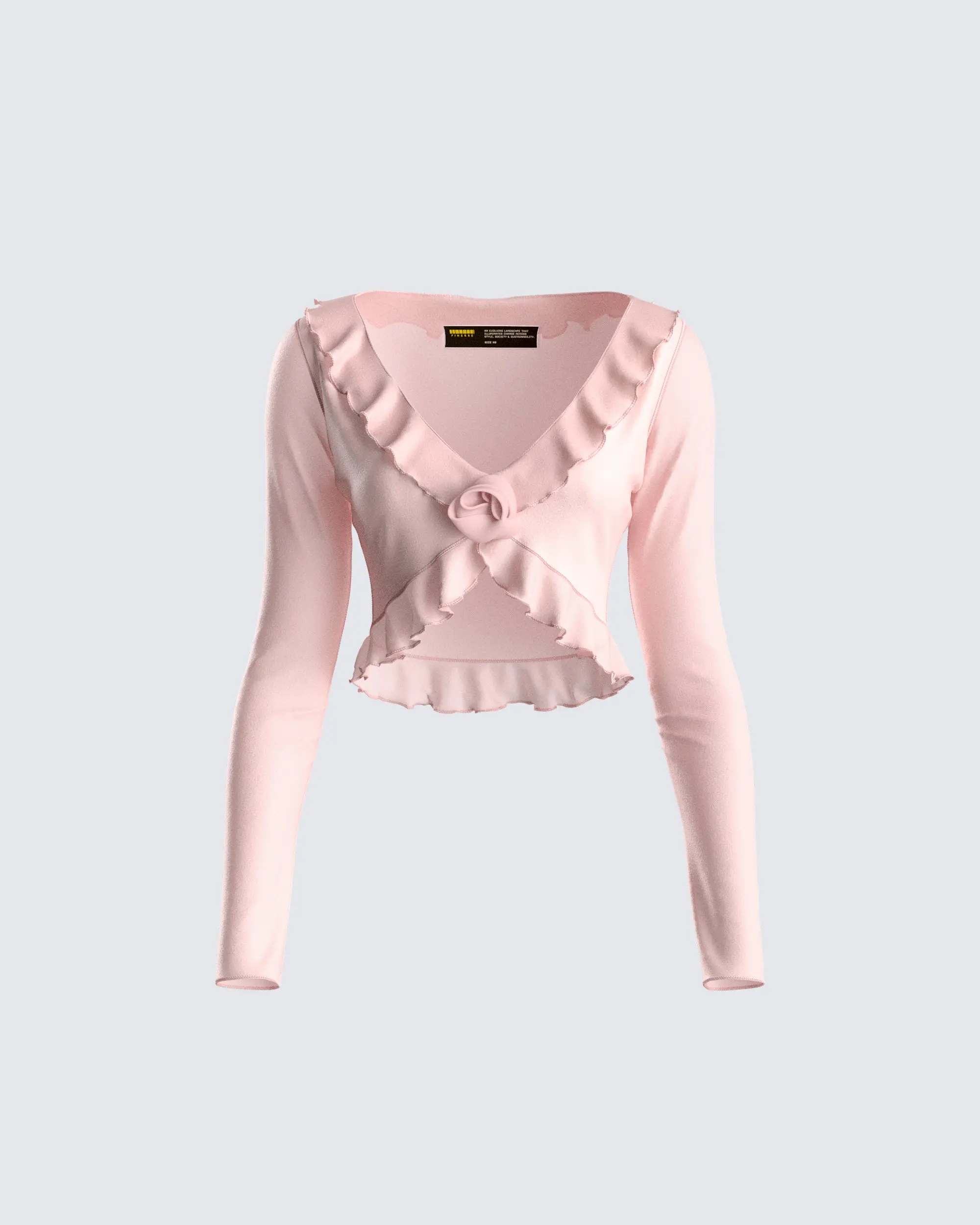 Women's Lady Casual Soft Fitted Rose Pink Spandex Mesh Long-Sleeve Cropped Blouse with Ruffle-Knot Detail, Shirts Cover-Up (Long Sleeve Cropped Blouses & Shirts)