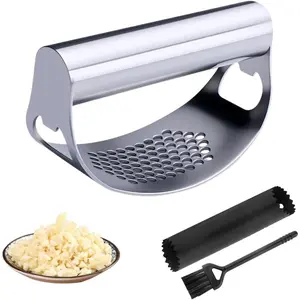 Stainless Steel Garlic Press Rocker, 2026 New Manual Garlic Crusher, easy-squeeze & labor-saving design, comes with garlic peeler and cleaning brush, durable silver garlic mincer chopper, practical essential kitchen gadget for home cooking and food prep
