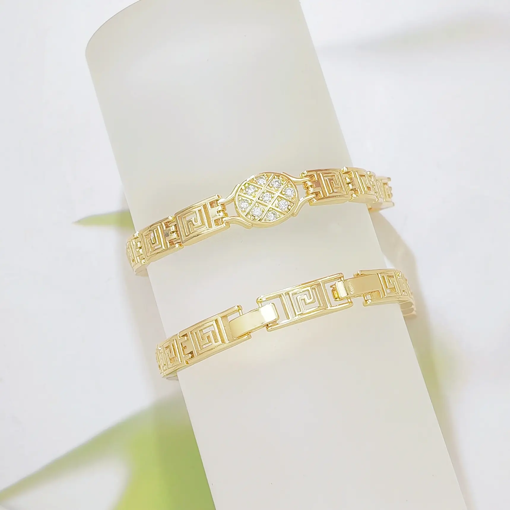 14K Gold Plated Greek Key Link Bracelet for Women, Geometric Rectangle Chain Bracelet with Round Micro Pave Cubic Zirconia Center, Minimalist Stackable Fashion Jewelry Gift for Birthday Anniversary