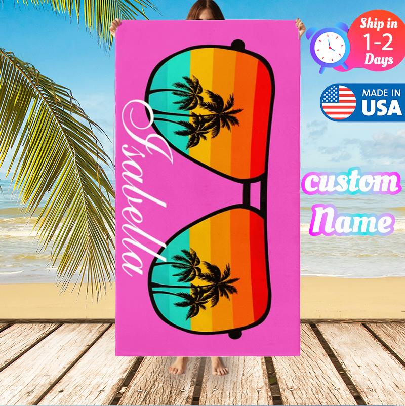 Personalized Retro Sunglasses Beach Towel, Custom Name Summer Palm Tree Pool Towel for Girls