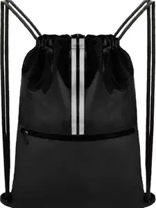 Drawstring Backpack Gym Bag — Lightweight Sports Sackpack with Zipper Pocket | Durable Large Capacity Draw String Back Bag for Men & Women | Two-Tone Black Travel & Workout Bag