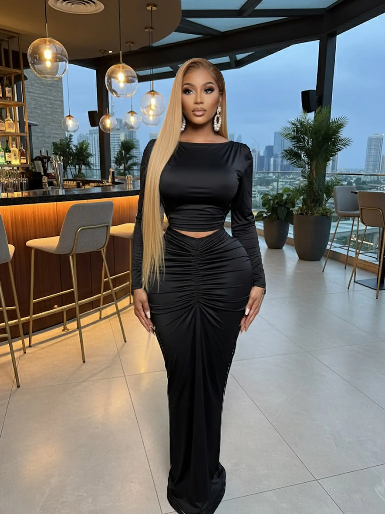 Women's Fashion Pure Color Sexy Navel Exposed Top & Ruched Bodycon Long Skirt Two-Piece Set, Fit, Stylish and Comfortable