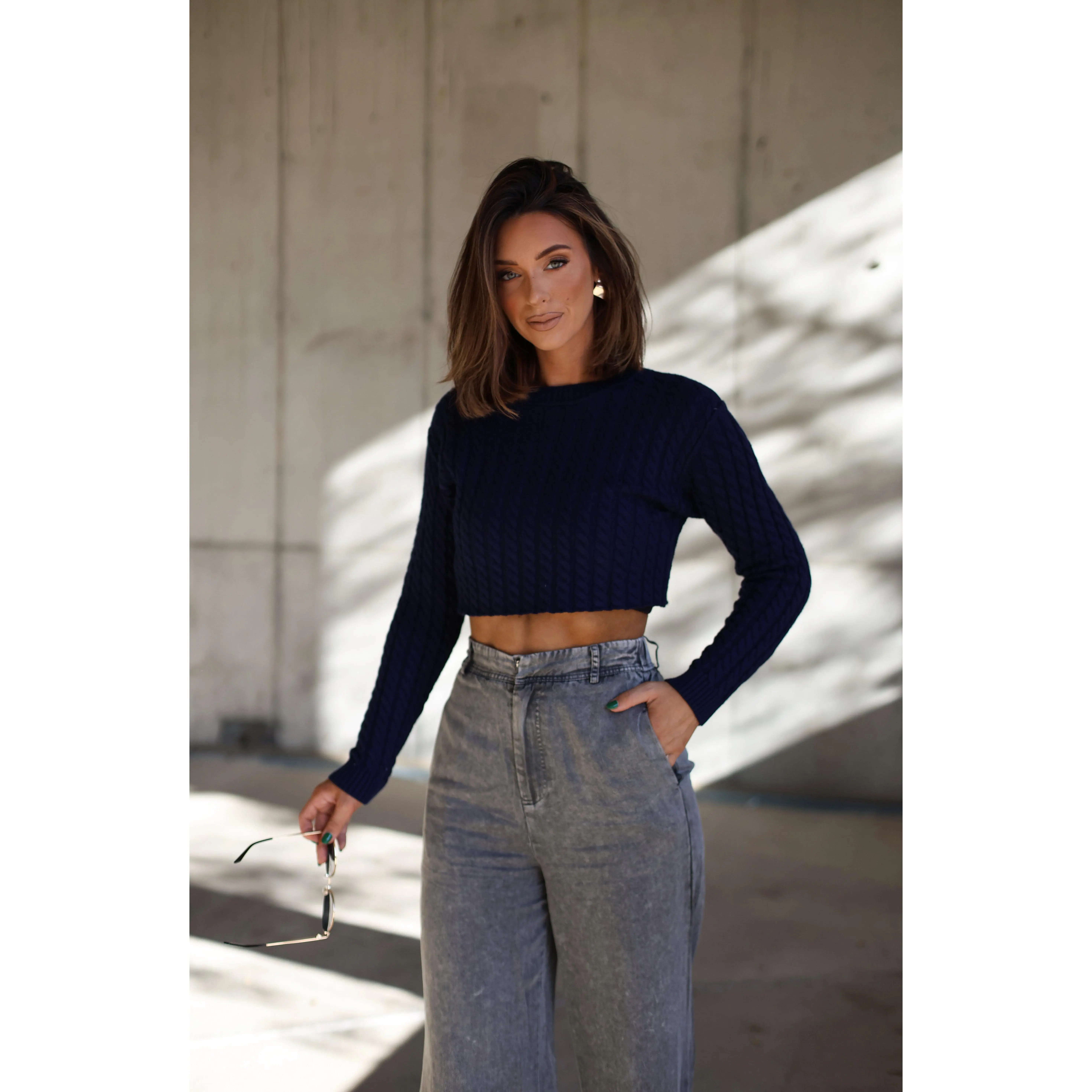 Women's Classic Cable Knit Pullover - Stretchy Nylon Blend Fabric, Mini Crop Long Sleeve Round Neck Top, Soft Cable Knit Texture, Cold Wash