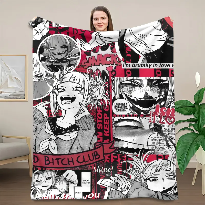 Himiko Toga My Hero Academia Manga Collage Throw Blanket, Red Black Anime Panel Flannel Blanket, MHA Villain Character Fleece Throw For Otaku Bedroom Decor, Gift For My Hero Academia Fans