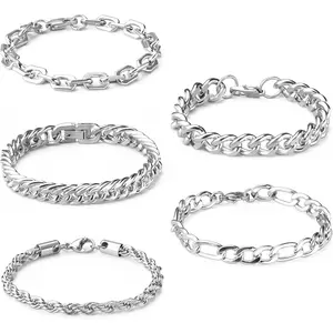 CASSIECA Silver Chain Bracelets for Men Waterproof Stainless Steel Figaro Rope Cuban Link Bracelet for Mens Silver Bracelet Jewelry Gift 6.5/7/7.5/8.3/9 Inches