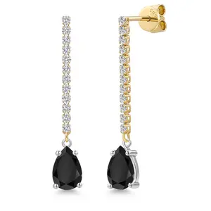 Gem Stone King 14K Two Tone Gold Black Onyx and Lab Grown Diamond Dangle Earrings for Women | 2.06 Cttw | Gemstone December Birthstone | Pear Shape 8X5MM