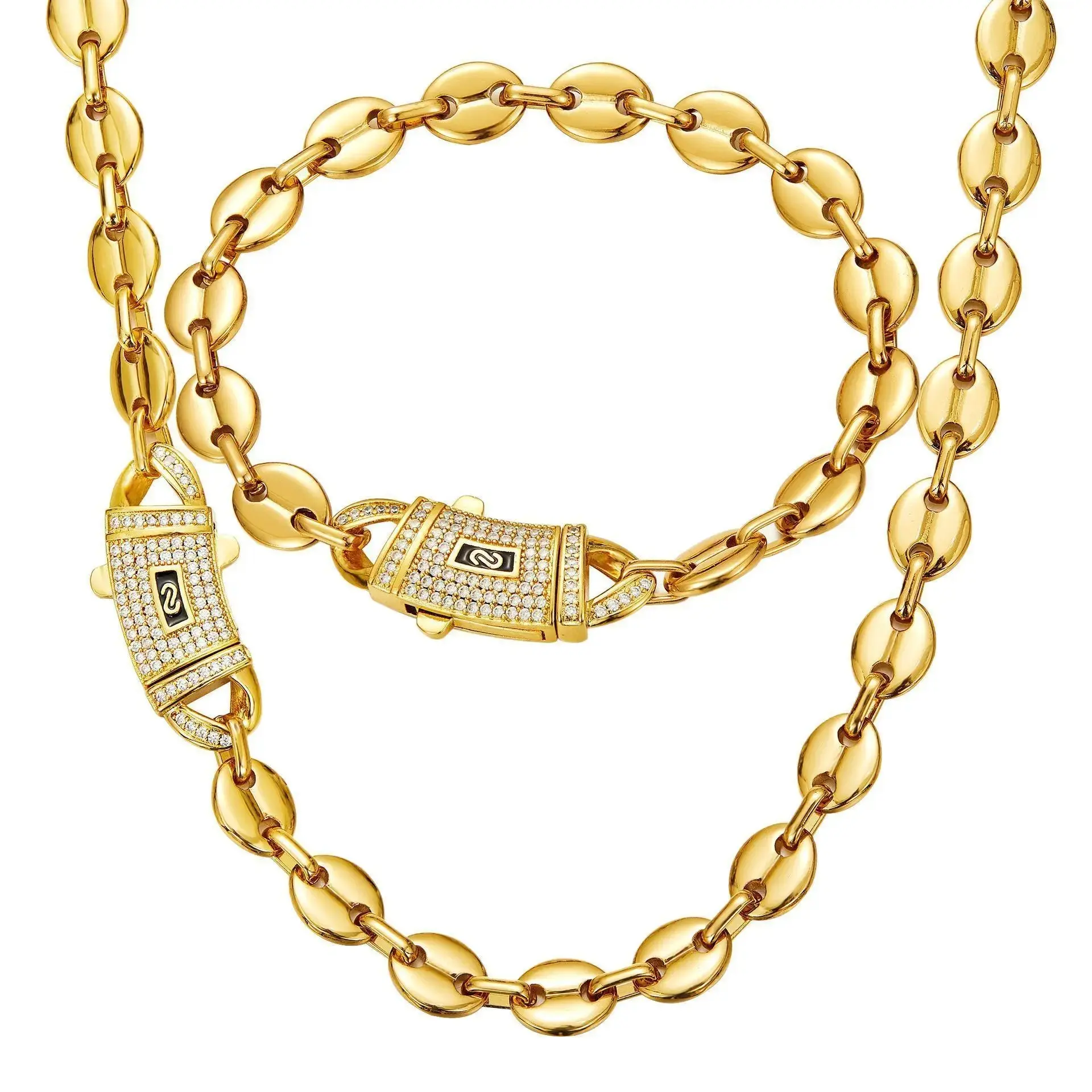 14K Gold Vacuum Plated with 5A+ Sri Lanka Zircon Stainless Steel Chain & Copper Coffee bean bag Clasp Miami Cuban Link Chain Italy Mexico & Micro Inspired Unisex Hip Hop 6-10mm Necklace&Bracelet for Men & Women Jewelry,Daily,Fashion,Gift,Chicano