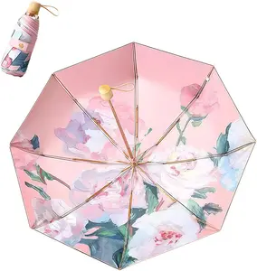 Dual-use Elegant Super Lightweight Compact Travel Folding Umbrella For Rain Wind and Sun, Double-sided Printed Oil Painting Floral Umbrella UV Protection UPF50+
