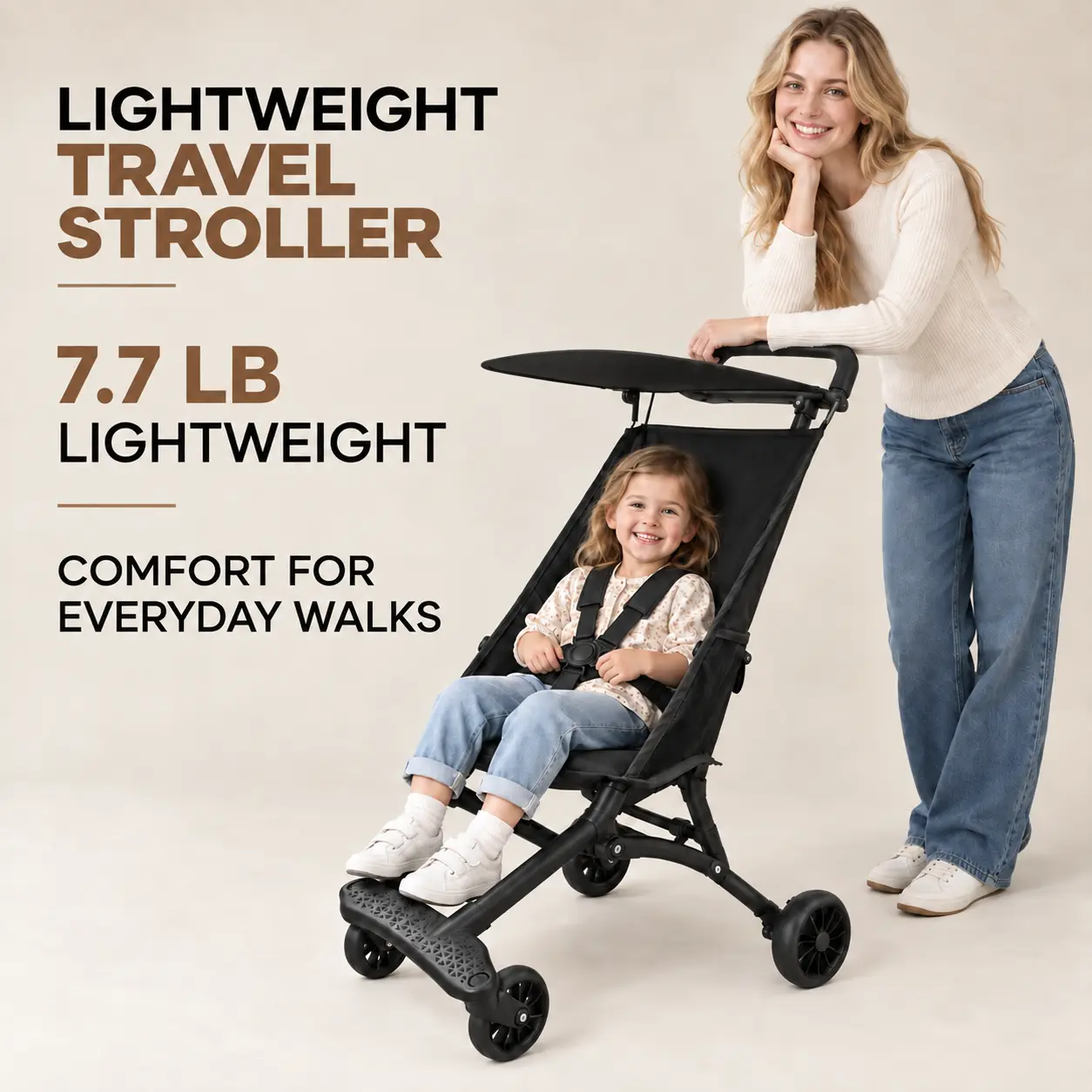 Baby Toddler Travel Stroller, 7.7 lbs Ultra-Lightweight 1-Click Fold, Compact Airplane Carry-On Approved, 5-Point Harness, Indoor & Outdoor Use