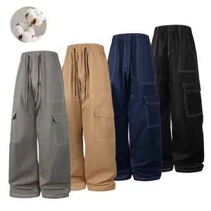 Black multi-pocket tooling casual pants white bright line decorative elastic drawstring waist design trendy street style loose casual trousers