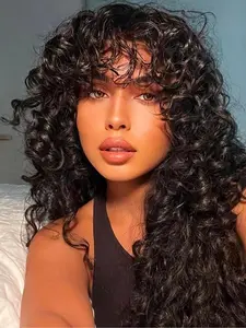 Jerry Curly Human Hair Wigs With Bangs, 250% Density Virgin Human Hair, Glueless Scalp Base, Full Machine Made, For Women, Brazilian Curly Wigs, Natural Color, 18 Inch