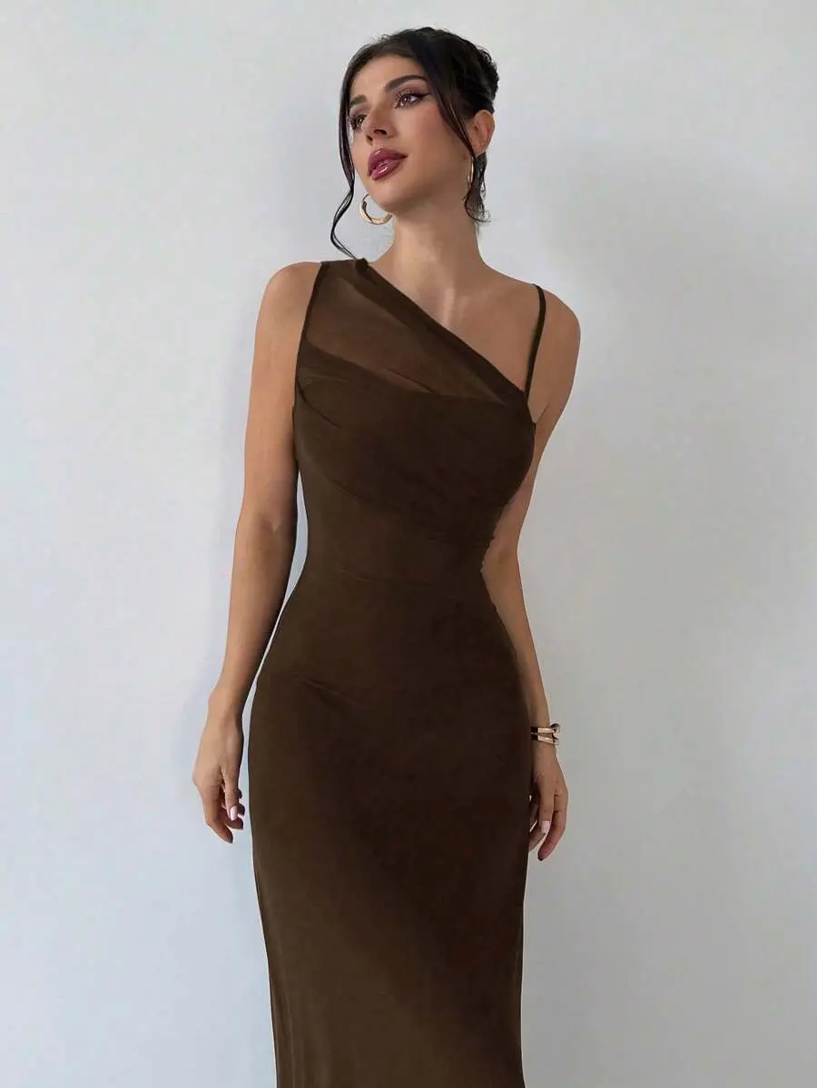 IYUNA Women's Elegant Minimalist Chic Fashion Versatile Everyday Wear Music Festival Vacation Mesh Sheer Asymmetrical Ruched Black Bodycon Dress Modest Maxi Dress