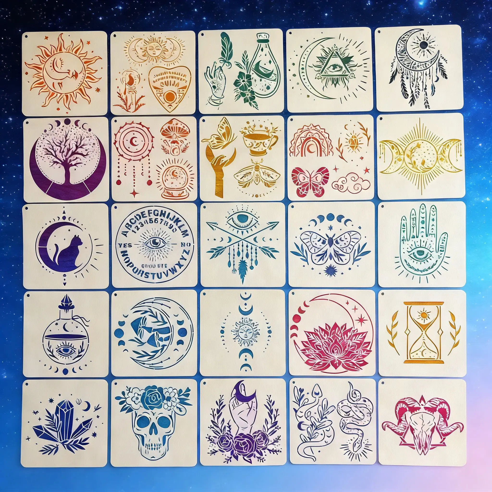 25pcs Skull Head Garland Hollow Dream Net Drawing Template, Reusable Plastic Spray Paint Stencil for Wood Fabric Wall Art, Art Craft Supplies