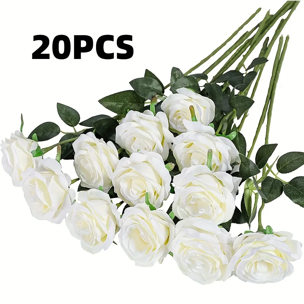 20 Realistic Long-stemmed Artificial Silk Roses, Lifelike and Durable White Rose Bouquet, Perfect for Diy Home Wedding Decor, Party Arrangements, and Elegant Table Centerpieces. Available in A Variety of Colors