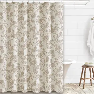Beige Shower Curtain Floral Cotton Linen Cottagecore Shower Curtain Bathroom 75" L x 72" W Long
