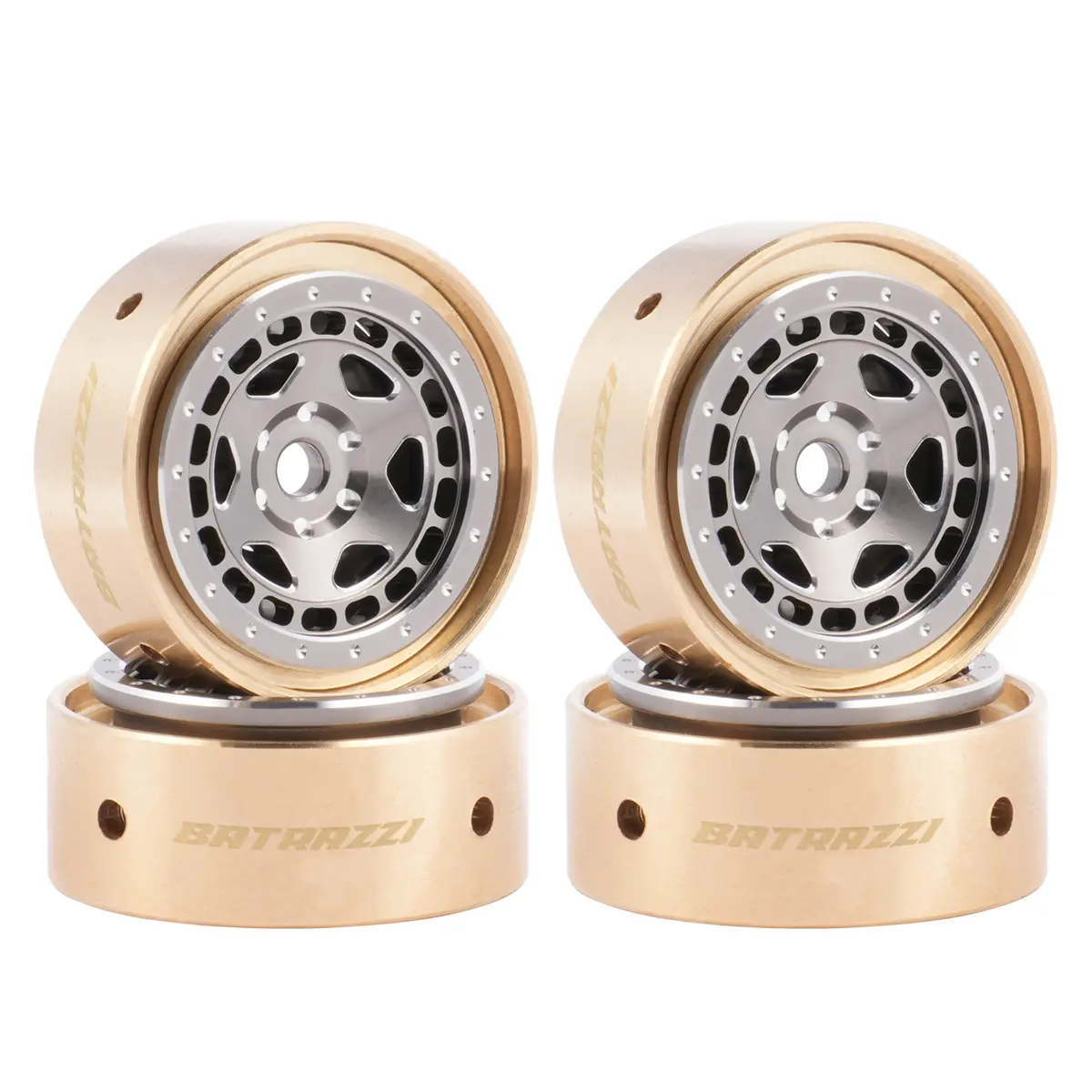 BATRAZZI 4pcs 0.8in Alloy Beadlock Wheels - CNC-Machined Aluminum Alloy, Sleek Anodized Finish, Brass Clamping Ring, Gun Metal Sheriff Design, Classic Retro Wheel, Chamfered Edges, Durable Low-Maintenance 1/24 Scale Crawler Accessory for Better Balance