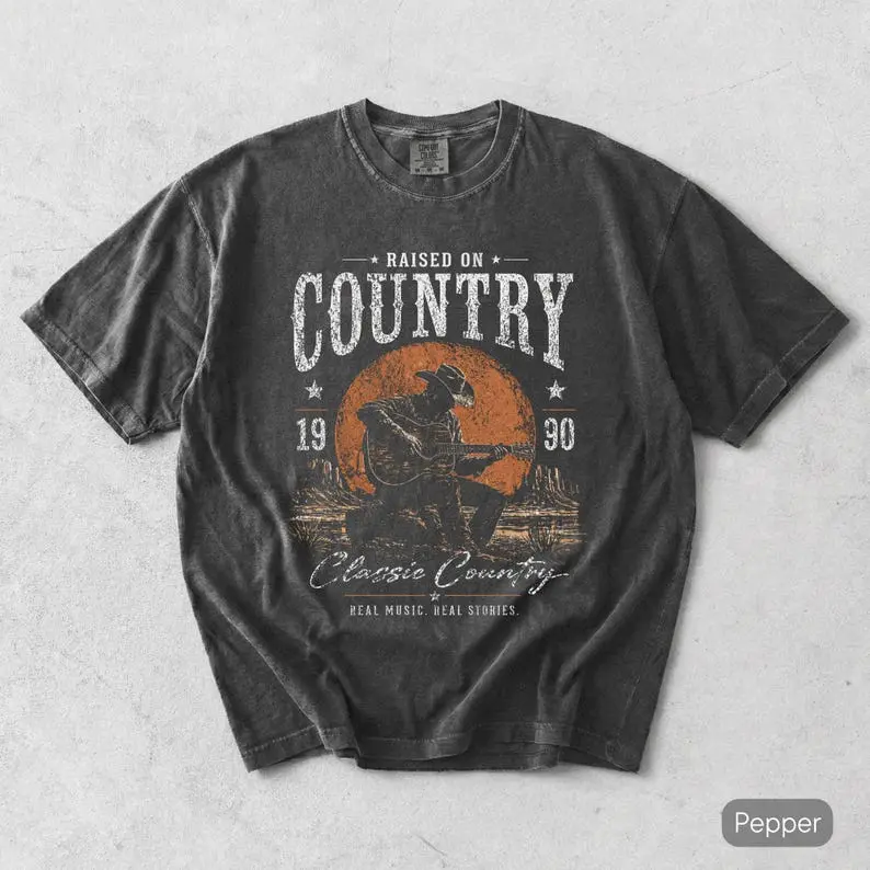 Comfort Colors Raised On Country Shirt, Retro Western Tee, Vintage Cowboy Graphic T-Shirt, 90s Country Music Shirt, Rustic Americana Gift