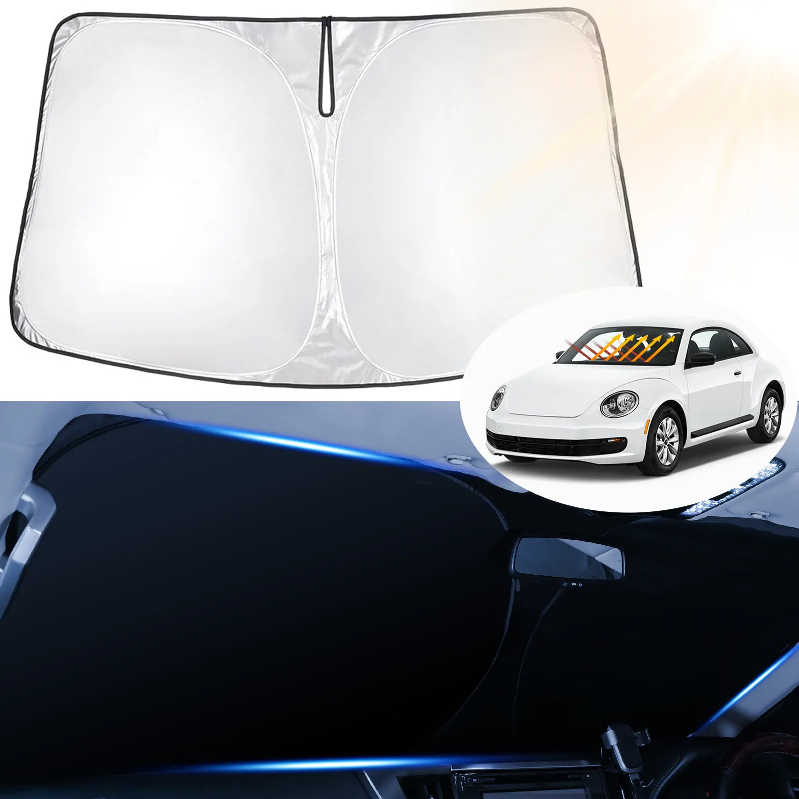 Canvcle Custom Fit Windshield Sunshade Cover for Volkswagen VW Beetle 2012-2019, 240T Reflective Double-Layer Fabric, Foldable UV Protective Sunshade, 99% UV Ray Blocking, Energy-Efficient Car Cooler Accessory for Travel Protection
