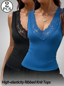 2-Pack Women's Plus-Size Lace V-Neck Ribbed Tank Tops — High-Stretch, Breathable, Slim-Fit, Sleeveless Camisoles — All-Season Bestsellers: Versatile Basics for Layering or Wearing Solo
